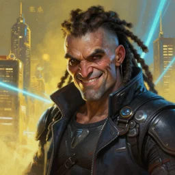 an intimate portrait of a gnarly human cyberpunk captain, old skin, cap, dreadlocks, friendly, charming, strong leader, a look of cunning, big smile, detailed matte fantasy painting, golden cityscape, lasers, sparks, yellow and blue and cyan