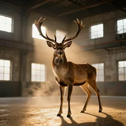 a great deer standing majestic in a large industrial room with small windows, golden light, smoke effect on the floor, backlit, insane details, hyperrealistic photo by jimmy nelson, trending on artstation