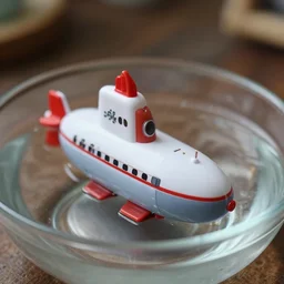 high quality presentation photo of a retro toy submarine in a bowl of water, photography 4k f1.8 anamorphic bokeh 4k Canon Nikon