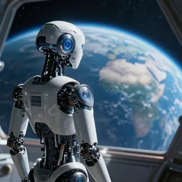 a robot cyborg in a spaceship looking out at earth, 8 k resolution, cinematic photograph