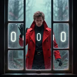 prophet in a red coat looking through the window. breaking out of the matrix. 0 0 1 0 1 1 0. august 2 7 th, 2 0 2 2 by beeple, thomas kinkade, spiritual art, digital art, trending on artstation, concept art, symmetrical, spiritualist