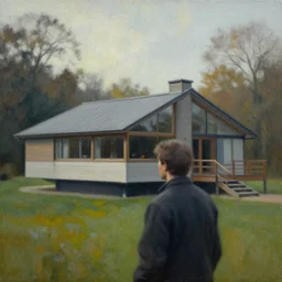 farnsworth house painting by atey ghailan, character looking back, cinematic, masterpiece