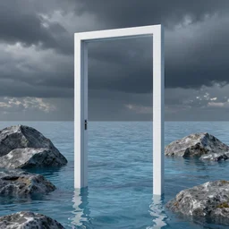 aesthetic 3d render of a door frame in cold shallow water with rocks, dark cloudy sky in the background, hdr
