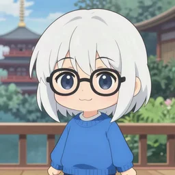 anime cute chibi girl in blue sweater white white pale hair black glasses standing gentle ( ( ( smile ) ) ) background by greg rutkowski makoto shinkai kyoto animation key art feminine mid shot wlop madhouse, ufotable, comixwave films, trending on artstation, trending on pixiv, anime visual