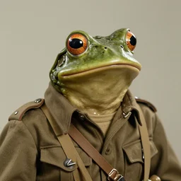 grainy 1940’s WWII military portrait of an anthropomorphic frog dresses like a soldier, professional portrait HD, frog, frog head, authentic