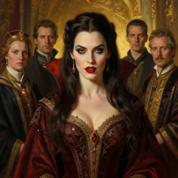 majestic gracious regal aristocratic brunette female vampire portrait, indoors setting, atmospheric lighting!!, painted, menacing, intricate, beautiful, rich deep colours masterpiece!!, ( golden hour ), sharp focus!, ultra detailed, by leesha hannigan, ross tran, thierry doizon, kai carpenter, ignacio fernandez rios