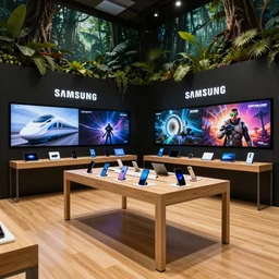 A flagship Samsung Apple Xiaomi Microsoft Oculus gadget store. black walls. timber floor. high ceilings with spots. internal overgrown lush forest plants. modern wood furniture with phones and tablets, large digital screens with videos on the walls, inspired by Guardians of the Galaxy, Star Wars, High Speed Trains, MRI, star citizen halo, mass effect, starship troopers, elysium