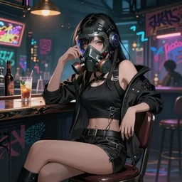 cyberpunk anime girl sit in a night bar, cyberpunk gas mask, 3 / 4 shot, street night, grafity, beautiful face, grafity, arcane, action, detail, good face, pose model, concept art, in style of yoji shinkawa, pan ren wei, col price, atey ghailan, by greg rutkowski, aesthetic, digital painting, screen shot of arcane