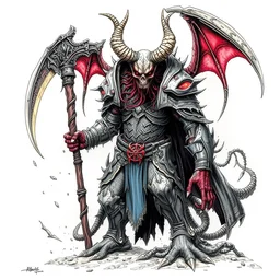 black ink & copic markers, vibrant muted colors, disturbing grunge still of a [ lovecraftian demon infested ] [ spawn ], he wears light armor and has a giant scythe on his back, by albert bierstadt, angry, evil, insanely detailed and intricate, hypermaximalist, elegant, ornate, hyper realistic, super detailed