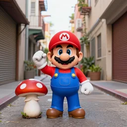 super mario as a drug dealer selling a magical mushroom in the alleys of los angeles, super mario in real life, red hat, blue overalls, canon eos r 3, f / 1. 4, iso 2 0 0, 1 / 1 6 0 s, 8 k, raw, unedited, symmetrical balance, wide angle, 🍄🍄🍄