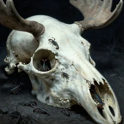 tiny scorpions crawling through the cavities of a large moose skull, Zdzislaw Beksinski, Wayne Barlowe, gothic, cosmic horror, dystopian, biomorphic, lovecraftian grotesque, amazing details, cold hue's