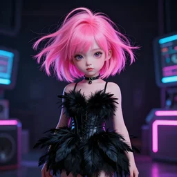 little android girl with eccentric pink haircut wearing black feather dress, cyberpunk, anime style artwork, dark, neon, anatomically perfect
