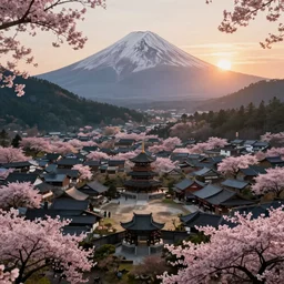 old empty samurai city surrounded by sakura trees, beautiful valley and mountains with forest, sunrise on fuji, hyperrealism, matte painting, digital art, artistation