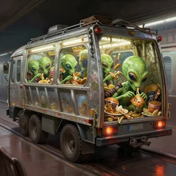 dieselpunk detail painting of subway garbage car full of aliens eating old food, deep displacement, back light, reflections, raytracing, raymarching, subsurface scattering, digital art, painted by angus mckie