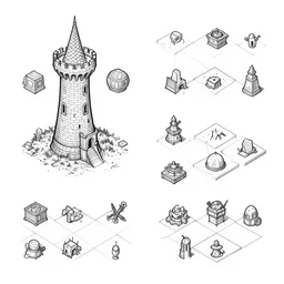set of isometric game tiles, containing a wizard's tower and several resourcers, colored lineart