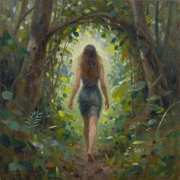 a vibrational being stepping out of a portal into nature, oil painting
