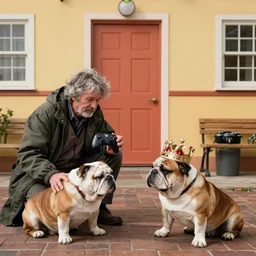 Buddy the graying middle aged homeless man fighting with a crowned royalty english bulldog over an xbox controller, photo by Wes Anderson