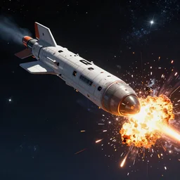 space ship on the starry sky gets blown up by missile, stylized, artstation, hd, cgsociety, cgi, realistic, dramatic, cinematic, artistic, trending, detailed