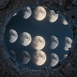 photo of a water puddle with the reflection of multiple moons