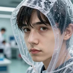 Cinestill 800t, 8K, highly detailed, seinen manga 3/4 extreme closeup portrait, eye contact, focus on blade runner translucent raincoat model, tilt shift zaha hadid style anime background: famous anime remake, indoor lab scene
