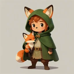 a concept art of a cute hobbit boy wearing a dark green cloak with a hood that has fox ears on it holding a fox, trending on artstation, digital art, larry elmore, dungeons and dragons