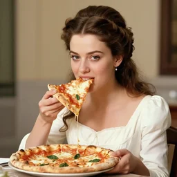 a historical photo of young beautiful queen margherita of italy, eating a pizza margherita with hands and a fork, intricate detailed tiara, pearl necklace, large cornicione, black and white photo, smooth lighting, masterpiece, timeless, genious composition