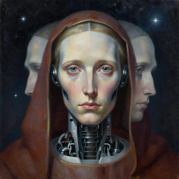 robot award winning catholic saint close - up portrait symmetry desaturated tetrachromacy colors astral background tim hildebrandt wayne barlowe bruce pennington donato giancola larry elmore masterpiece trending on artstation cinematic composition beautiful lighting hyper detailed!!! 8 k oil on canvas