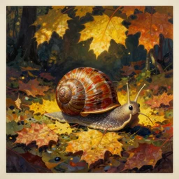 ancient beings, autumn, beautiful leaves, big happy snail, by gediminas pranckevicius, dark shadows, woodblock, complementary - colors, olive oil, creme brule, poster, polished, discovering enlightenment, by james gilleard, third person view