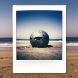 1 9 5 0 s polaroid photo of a spherical alien spaceship crashed on the beach