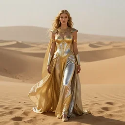 ethereal gold and silver tones, dune movie, warrior princess, full body, style of moebius, james jean, mcbess!!!, cinematic, highly detailed, award winning, 8 k photorealistic