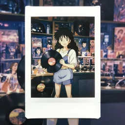 a full body polaroid portrait of a 1 9 8 0's disney girl working at a vinyl stall, showing a vinyl by hand, chromatic aberrations, closeup at the faces, perfect art, busy cyberpunk city, gapmoe yandere grimdark, trending on pixiv fanbox, painted by makoto shinkai takashi takeuchi studio ghibli, akihiko yoshida,