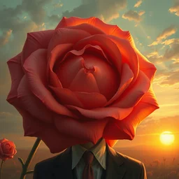 closeup, giant rose flower head, frontal, girl with suit, surreal photography, sunrise, dramatic light, impressionist painting, digital painting, artstation, simon stalenhag