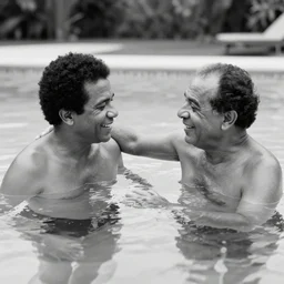 black and white photo tom jobim in a pool with vinicius de moraes