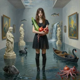 painting of a tall emo girl in a flooded art gallery, holding a courgette, pomegranates, octopus, long black boots, flooded, stone sculptures, art on the walls, fish, zen, waterfall, black swans, canoe, berries, surrealist, by magritte and monet