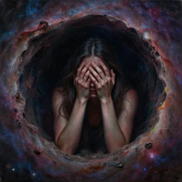highly detailed surrealist painting of deep sadness a deep endless hole inside, expressive emotional piece, trending on art station, emotional expression, galactic cosmic nebula