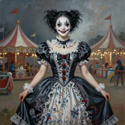 ultra realist soft painting of a single attractive asian female clown with gothic makeup smiling in a long dress, curiosities carnival, symmetry accurate features, very intricate details, focus, curvy, artstyle by Tom Bagshaw, award winning