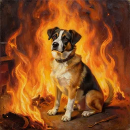 peter elson painting of an anthropomorphic dog trying to assure himself that everything is fine, despite sitting in a room that is engulfed in flames.
