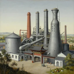 a painting of a chinese factory, in the style of hieronymus bosch, very detailed, thick brush strokes, visible paint layers.