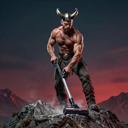 muscular viking vacuuming on the top of a mountain, 4 k, very detaile, face accuracy, dramatic lighting, dark vibrant colors