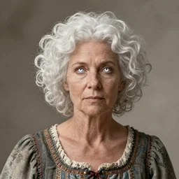 a rustic woman wearing dress, detailed face, white curly hair, white pupils, by greg rutkowski, mandy jurgens