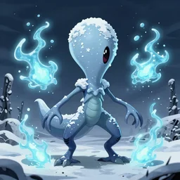 one eyed squid like enemy type character inspired by deoxys from Pokemon, this being lives in the snow wasteland and feeds on lost souls, it has umbrakinesis and cryokinesis and is being designed for the resident evil game series with inspiration from the silent hill gaming franchise the character itself has skin like snow