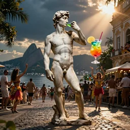 the statue david from michelangelo drinking a huge colorful cocktail, dancing in the street at the carneval in rio