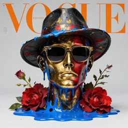 a head made out of melting metal, it is of black and golden and red color, it is wearing sunglasses and a hat, there are flowers all around it, blue paint melting, vogue cover style, greg rutkowski style, demonic style