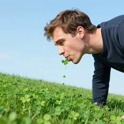 a man licking clovers on a hill, surreal, slobber