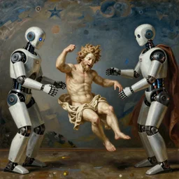 goya painting of saturn eating his son represented with robots, ray tracing, master shot, octane render, 8k, ultra hd, perfect light