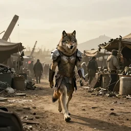 film still of an anthropomorphic wolf wearing a scrap-metal body armor, walking to a post apocalyptic junk market, at golden hour, long shot, wide shot, fullshot