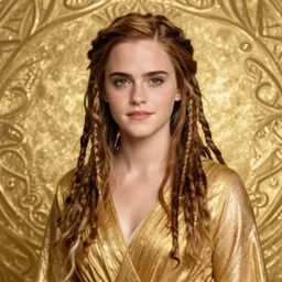 olive emma watson as druidess, long dreadlocks, gold cloth, shiny background, intricate, elegant, highly detailed, digital painting, artstation, concept art, smooth, sharp focus, illustration, artgerm, mucha, bouguereau