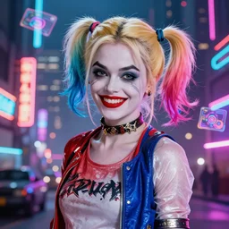 harley quinn film still, standing pose, head and shoulder shot, facing camera, smiling, cyberpunk setting, beautiful cityscape background, neon signs, vibrant colors, holograms, 4k, digital art