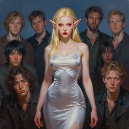 a painting of an female elf wearing a skintight dress with blonde hair red eyes. by edward robert hughes and craig davison and tooth wu and wlop and beeple and greg rutkowski. trending on artstation, highly detailed, volumetric lightning