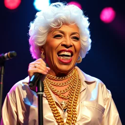 publicity photo still of betty white as a gangsta rapper covered in gold chains, with grills in teeth and wearing a jumpsuit live on stage, 8 k, live concert lighting, mid shot
